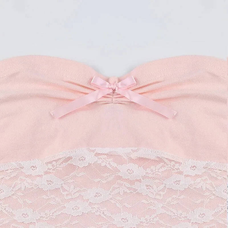 Sweet Pink Bow Fold Lace Spliced Strapless Top