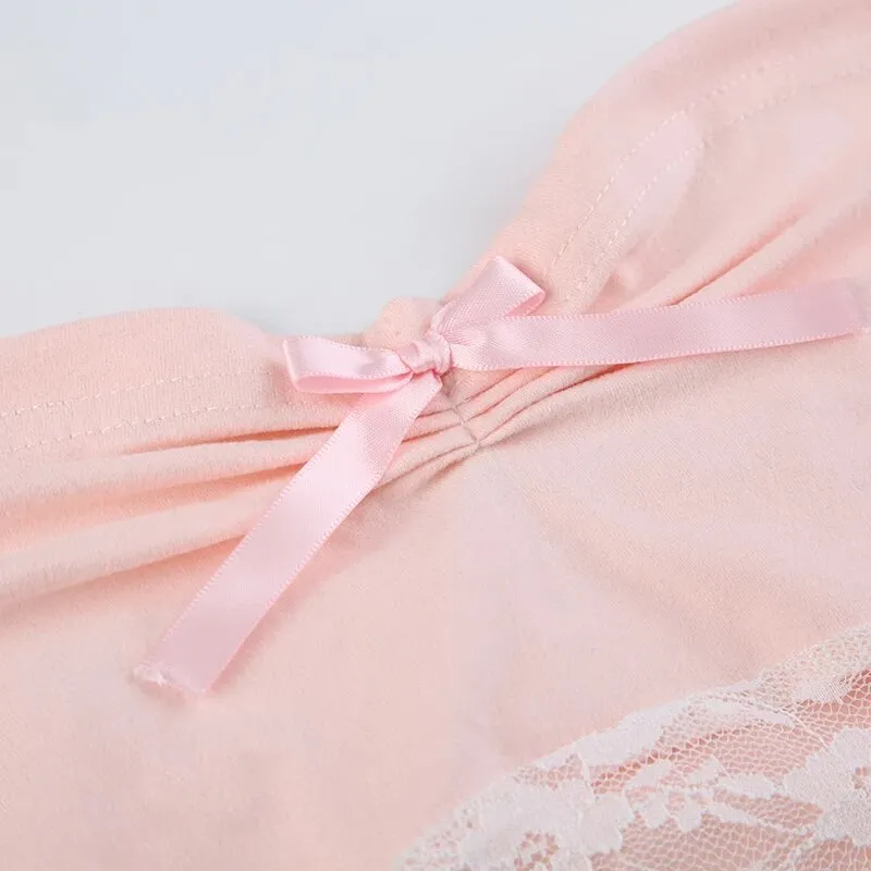 Sweet Pink Bow Fold Lace Spliced Strapless Top