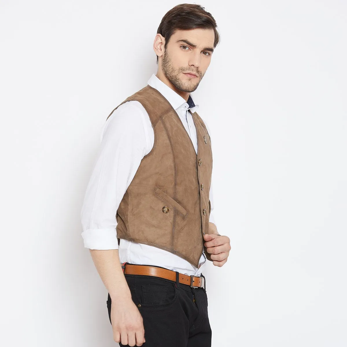 Taupe Leather Straight Stitched Vests By  Brune & Bareskin