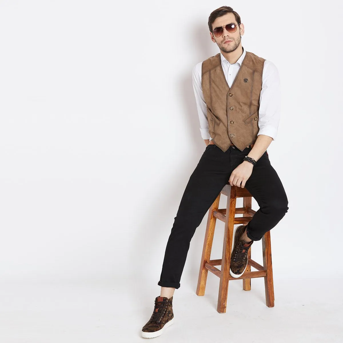 Taupe Leather Straight Stitched Vests By  Brune & Bareskin