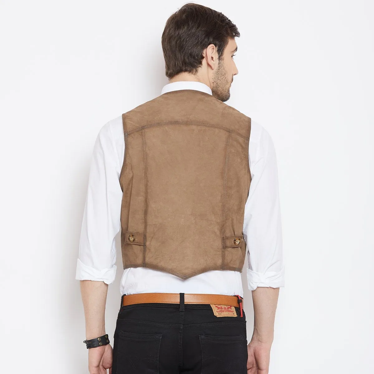 Taupe Leather Straight Stitched Vests By  Brune & Bareskin