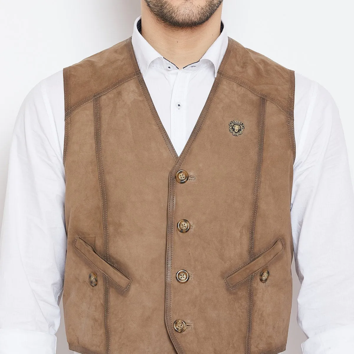 Taupe Leather Straight Stitched Vests By  Brune & Bareskin