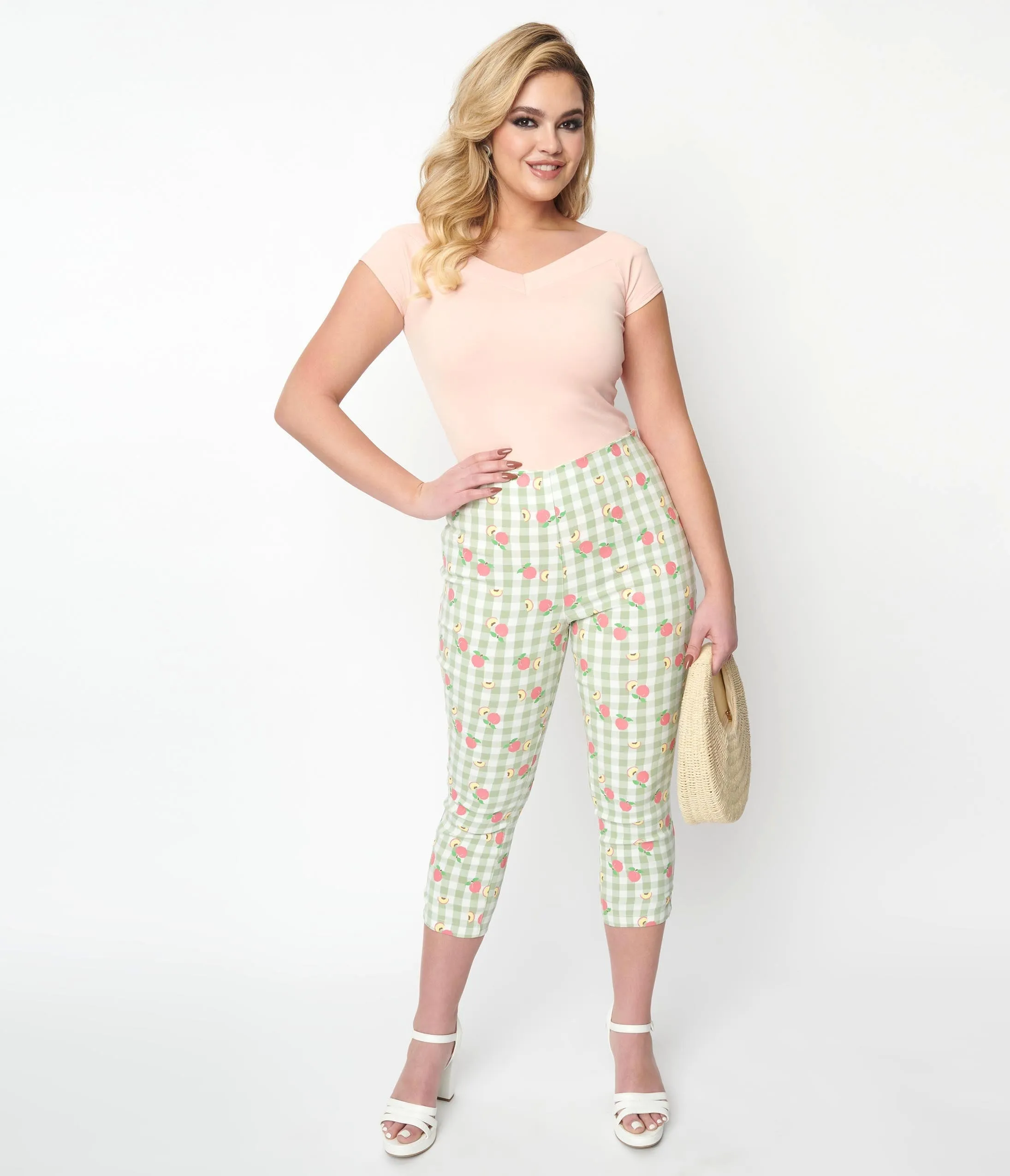 Unique Vintage Light Green Gingham & Peaches Rachelle Capri Pants