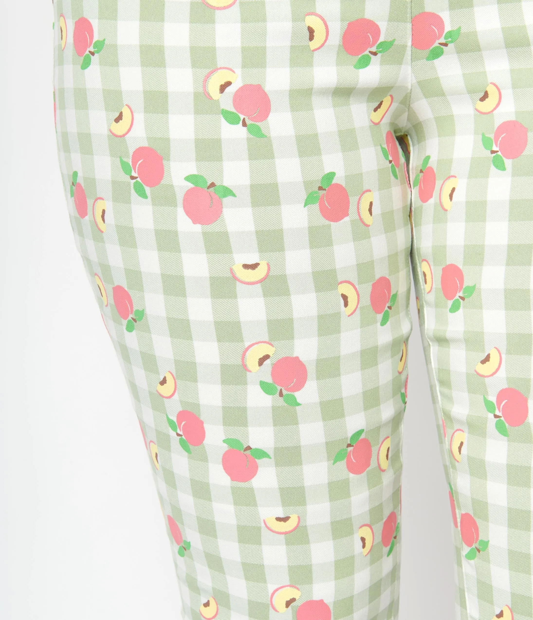 Unique Vintage Light Green Gingham & Peaches Rachelle Capri Pants