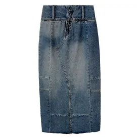 Vintage Blue Panel Zip Pocket Split Hem Denim Midi Skirt