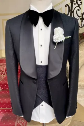 Waller Classic Black Jacquard Three-Piece Wedding Suits