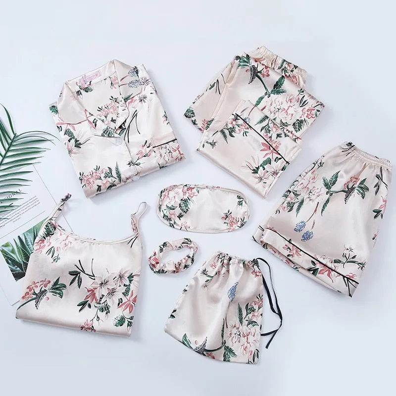 Wenkouban Pajamas Set Women Summer Sexy Flower Pyjamas Sexy Female Long Sleeve Shirt Pants Handwork Stitch Lingerie Striped Mom Sleepwear