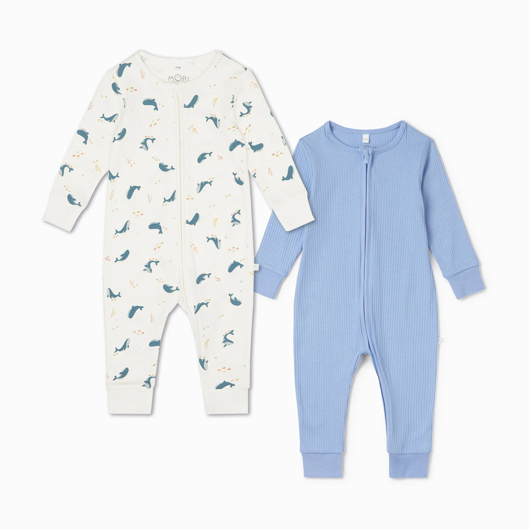 Whale Print & Ribbed Clever Zip Baby Pajamas 2 Pack