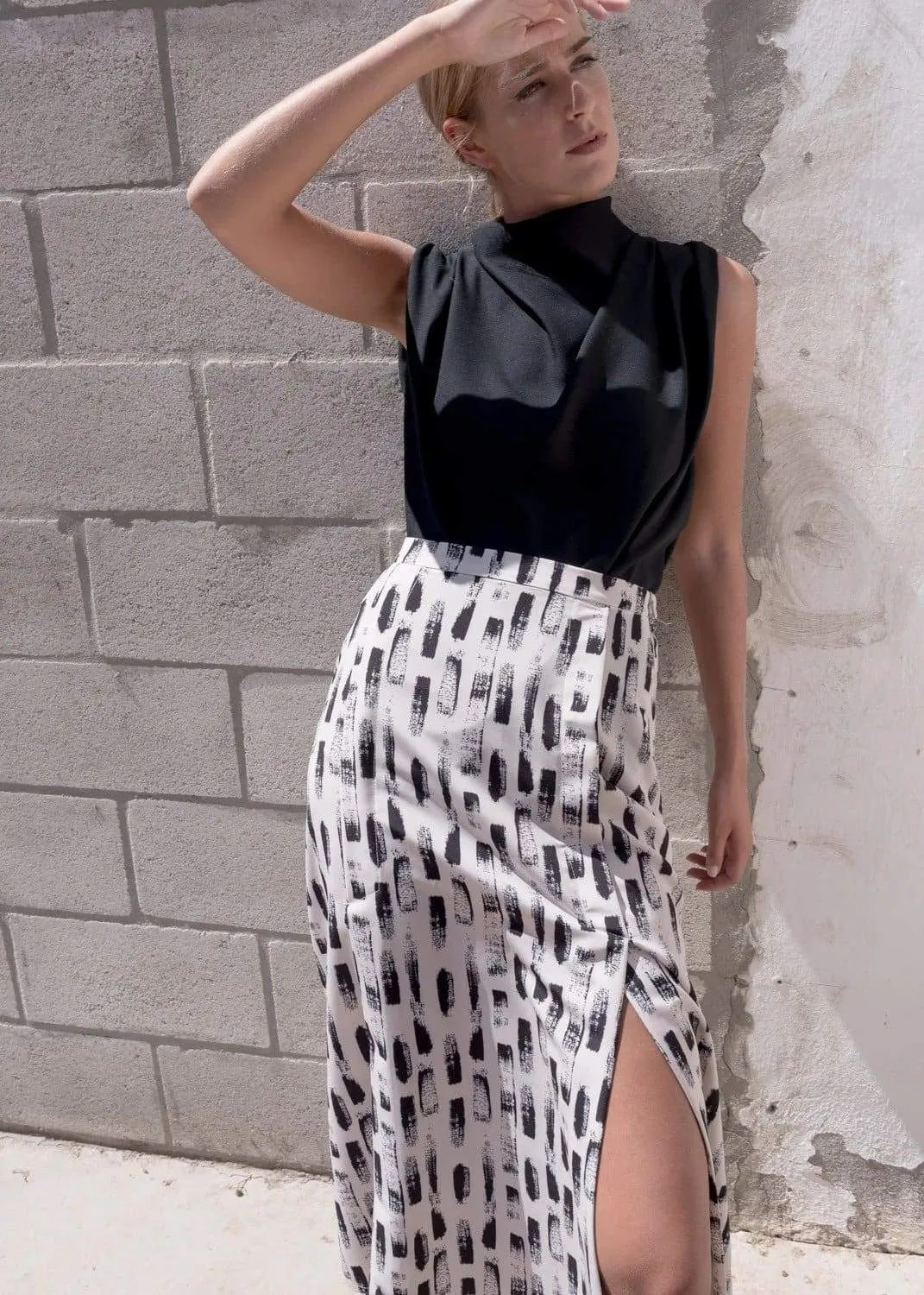 White and Black Print Midi Skirt with side Slit by Linu