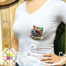 White Embroider Women Tee - Pocket Embroider