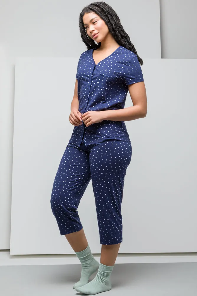 White Spotty Button Through Capri Set Navy