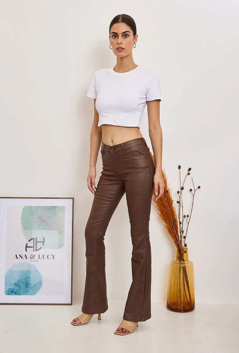 Wholesale Dark Brown Coated Flare Trousers