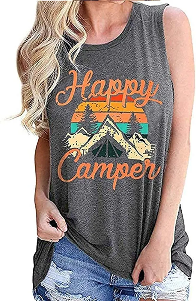 Women Happy Camper Tank Top Camping Tshirt