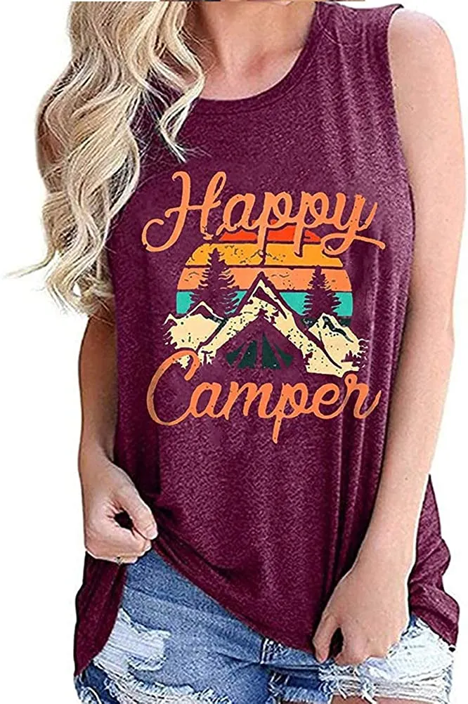 Women Happy Camper Tank Top Camping Tshirt