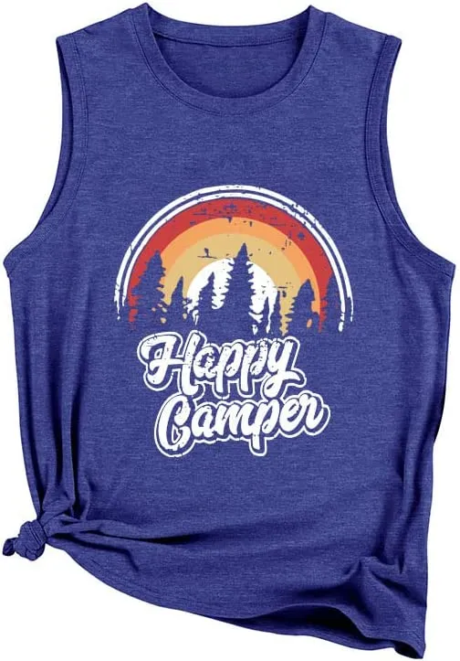 Women Happy Camper Tank Tops Camping Adventure Nature Lover Shirt