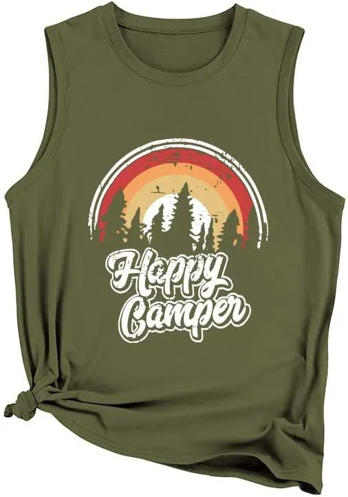 Women Happy Camper Tank Tops Camping Adventure Nature Lover Shirt