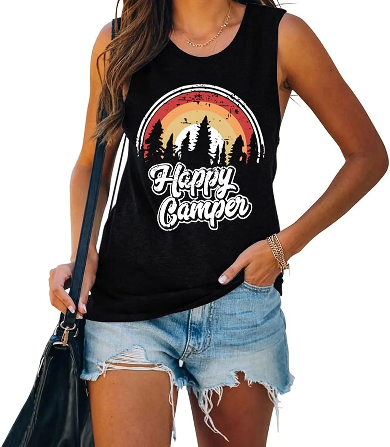 Women Happy Camper Tank Tops Camping Adventure Nature Lover Shirt