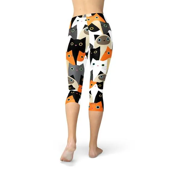 Womens All Over Print Cats Capri Leggings