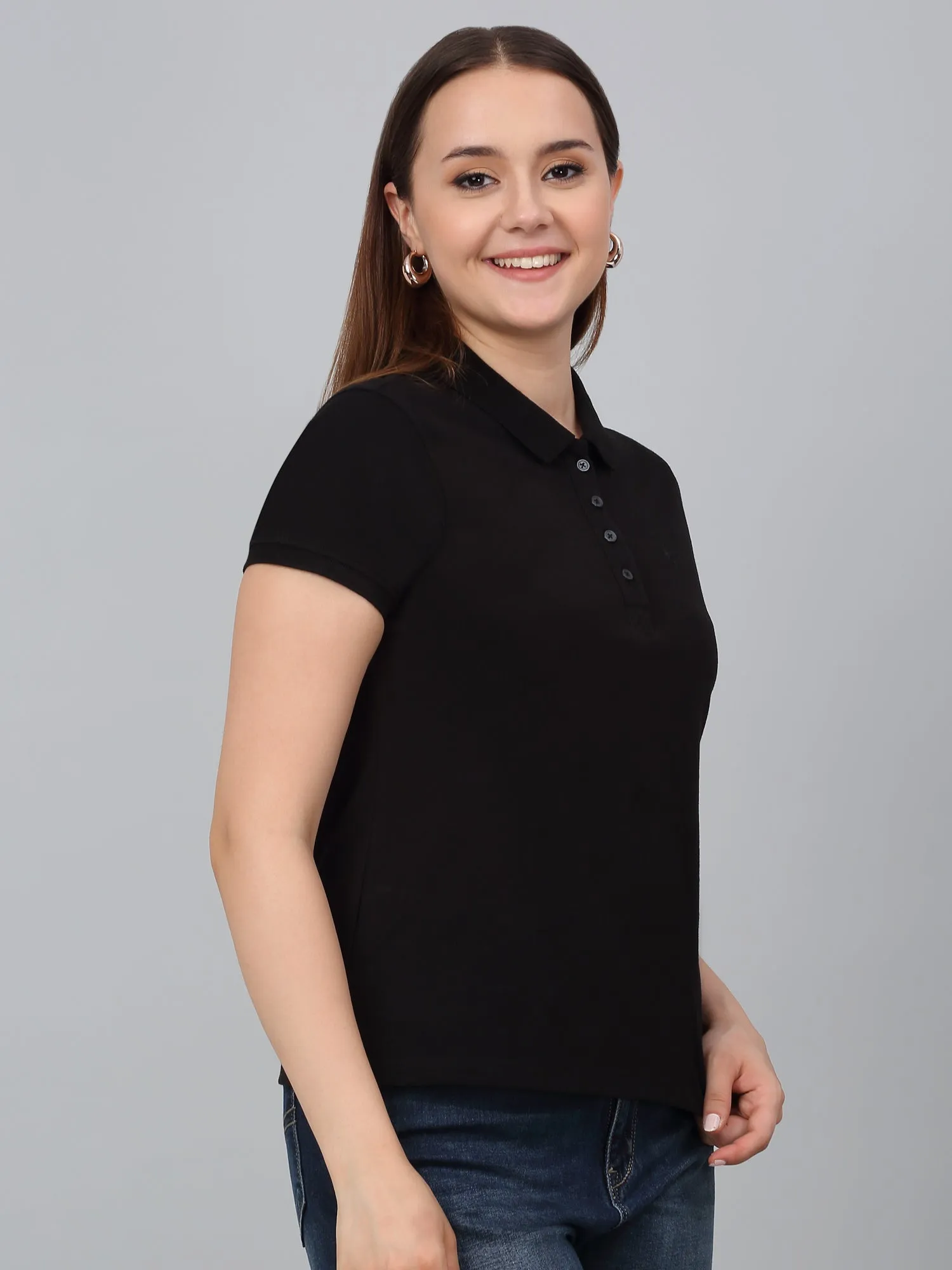 Women's Black Solid Polo Neck Casual T-Shirt