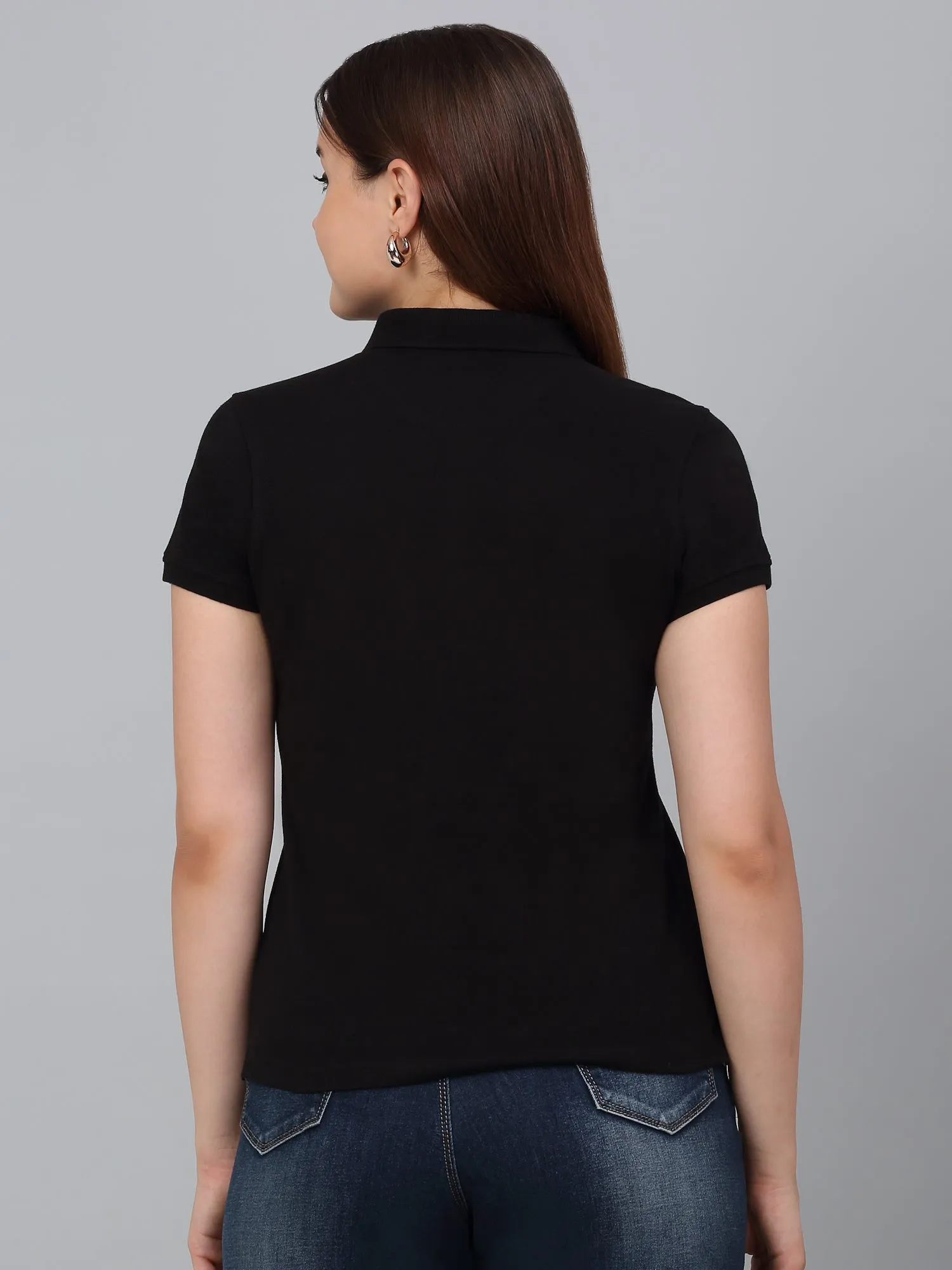 Women's Black Solid Polo Neck Casual T-Shirt