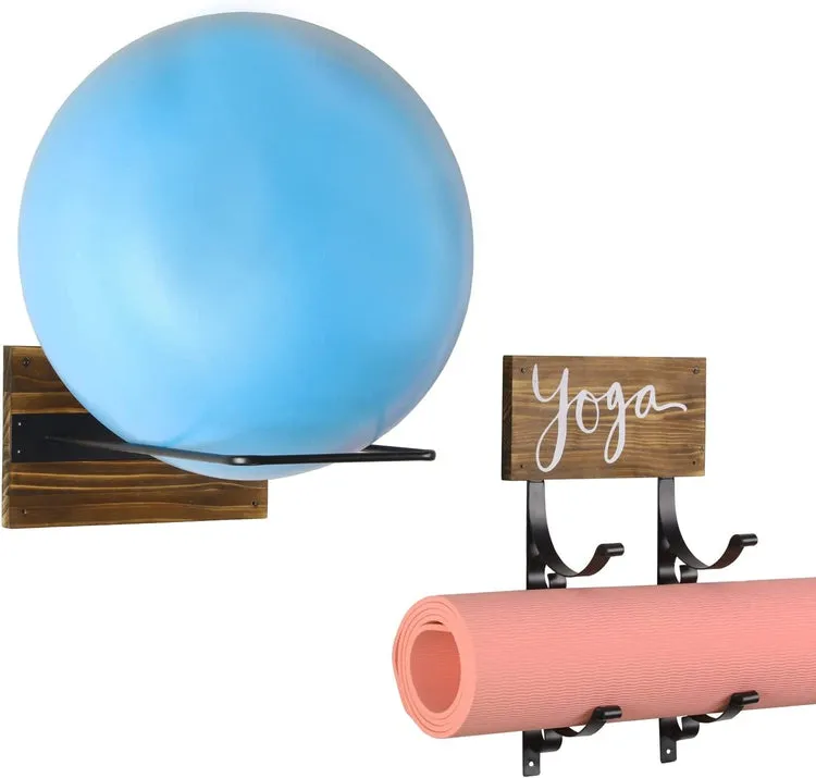 Yoga Mat and Stability Ball Holder, Burnt Wood and Black Metal Wall Mounted Exercise Yoga Equipment Organizer