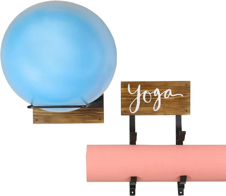 Yoga Mat and Stability Ball Holder, Burnt Wood and Black Metal Wall Mounted Exercise Yoga Equipment Organizer