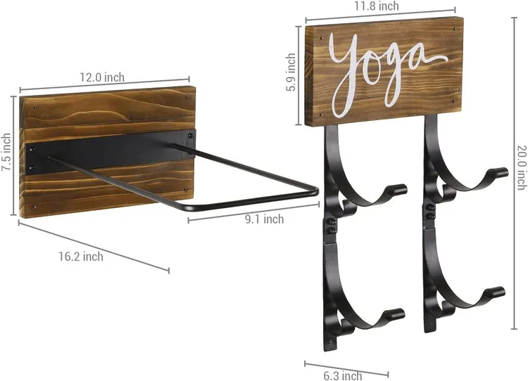 Yoga Mat and Stability Ball Holder, Burnt Wood and Black Metal Wall Mounted Exercise Yoga Equipment Organizer